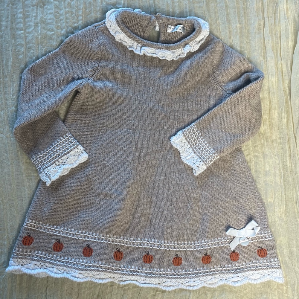 Max Studio Baby Pumpkin Snit Sweater Embroidered Long Sleeve Dress Neutral Fall